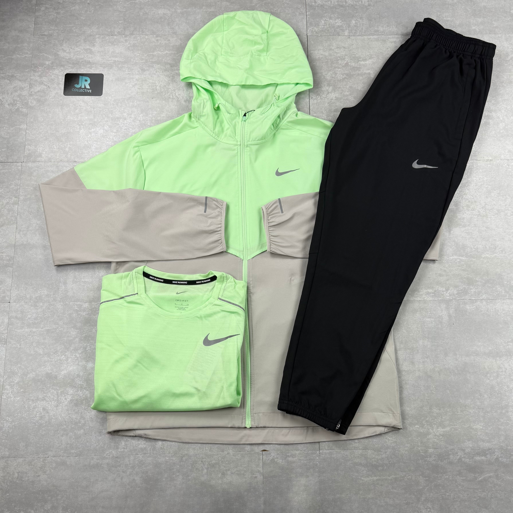 Nike Miler 1.0 Vapour Green Tshirt, Nike Vapour Green UV Windbreaker Jacket & Nike Black Challenger Pants